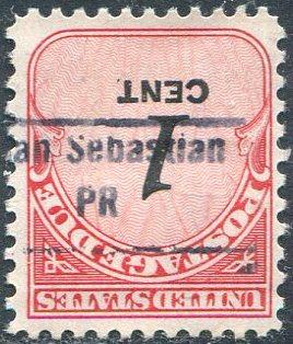 США 1960-е Пуэрто-Рико ПЕРЕВЕРНУТАЯ надпечатка (предварительное гашение) San Sebastian / PR  ** MNH