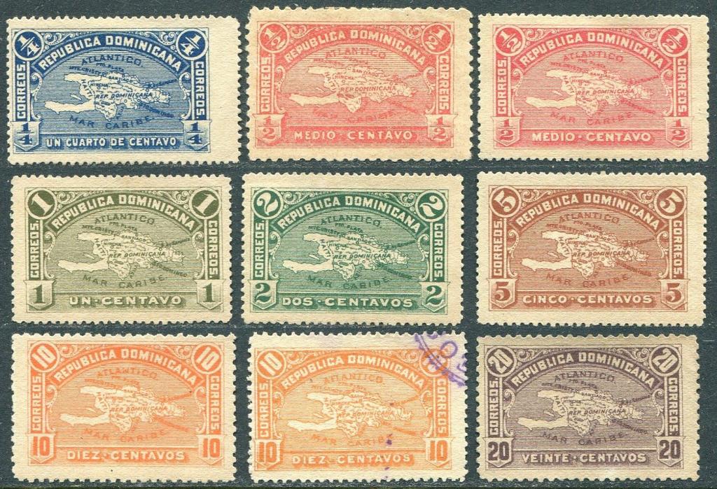 Доминикана 1900 карта острова Эспаньола (Гаити) (*)/*/⊗ разновидности оттенки разная зубцовка (9)