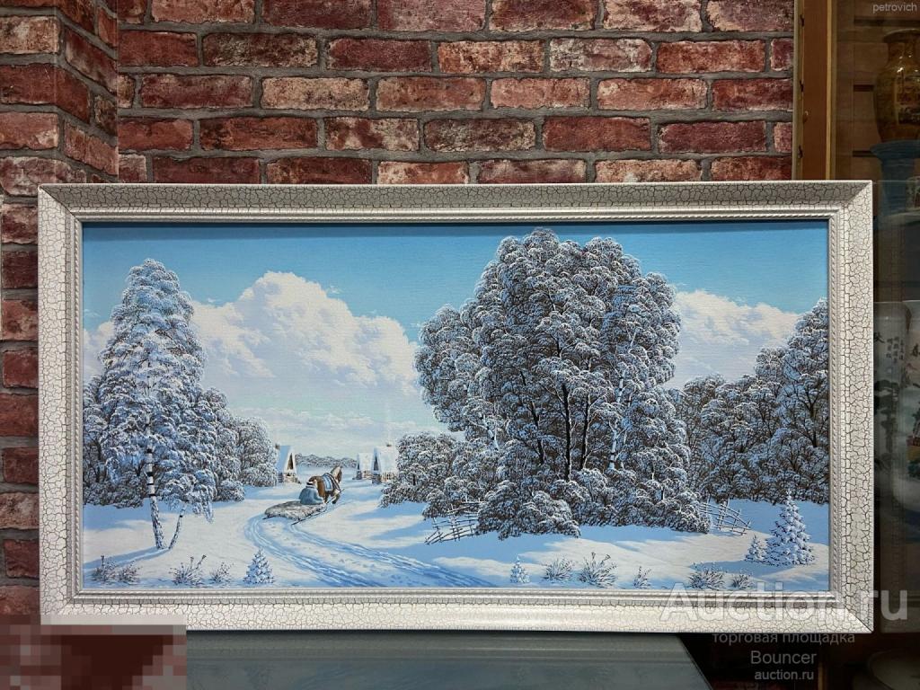 Картина "Зимний пейзаж". Холст, масло, деревянная рама.