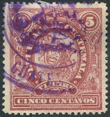 Гватемала 1895 гербовая 5 с.⊗ паровоз пароход парусник герб аллегория фискальная непочтовая