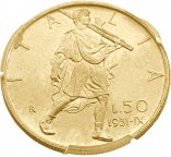 Италия. 50 лир 1931 г. Золото. 4,3995 гр*0.900  0,1273 oz. СЛАБ PCGS MS 64!