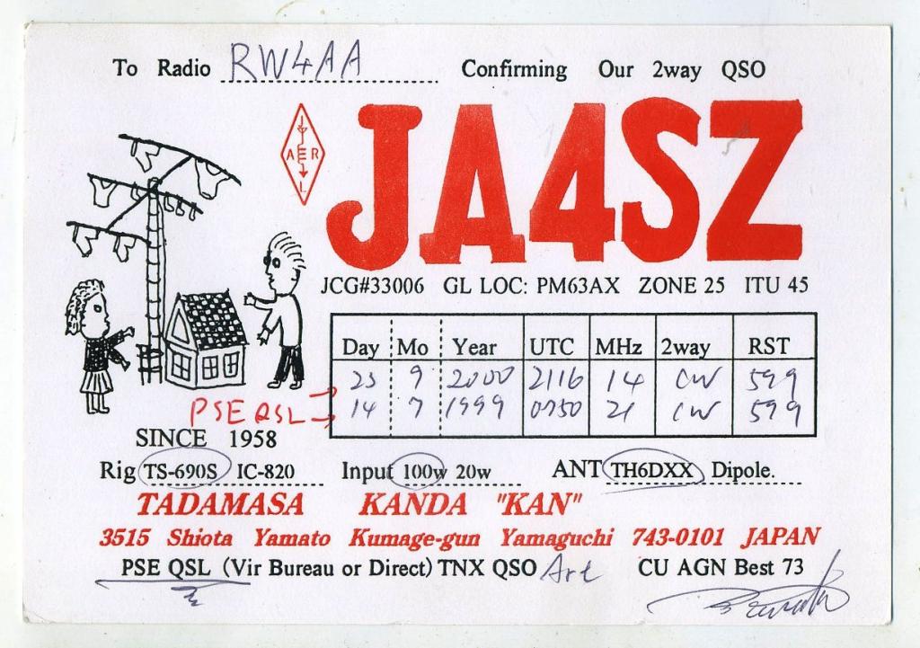 Карточка радиообмена QSL - Япония, Ямагути 2000 год  (РК-29)-35