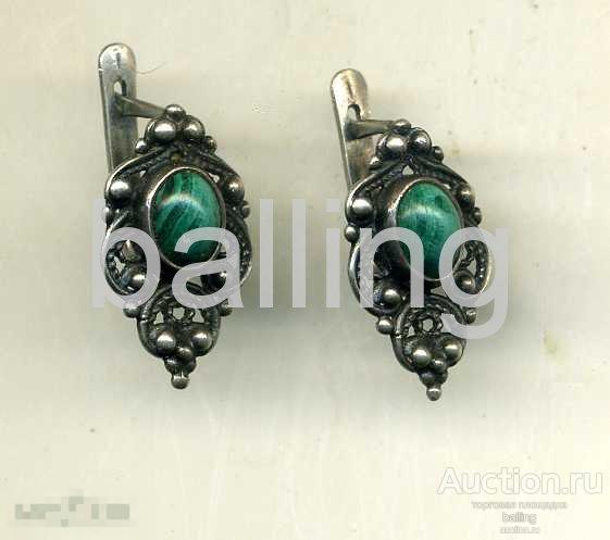 серьги  серебро 925 крупные малахит скань 