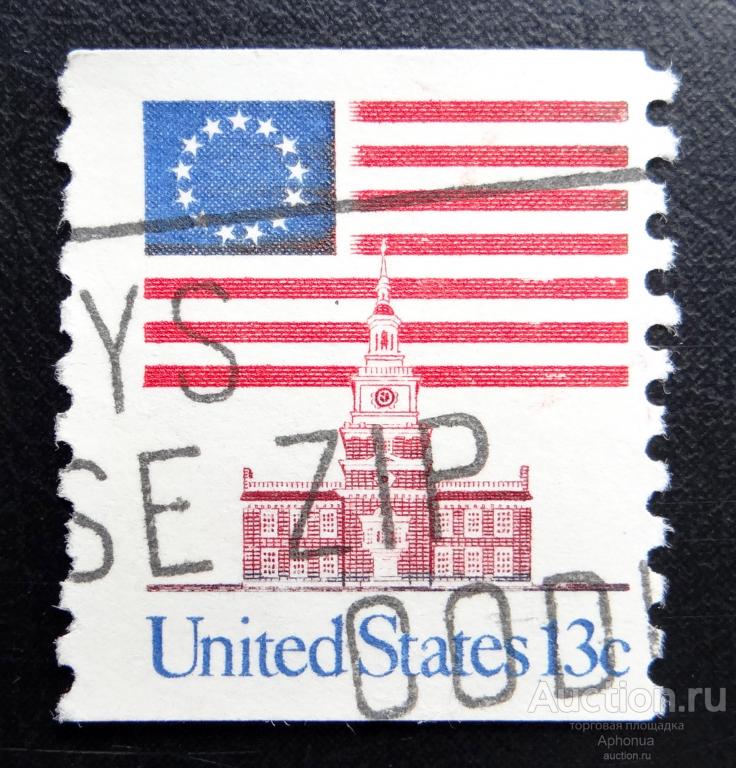 Почтовая марка гашение США Флаг 1975 года над Индепенденс-Холлом 1963