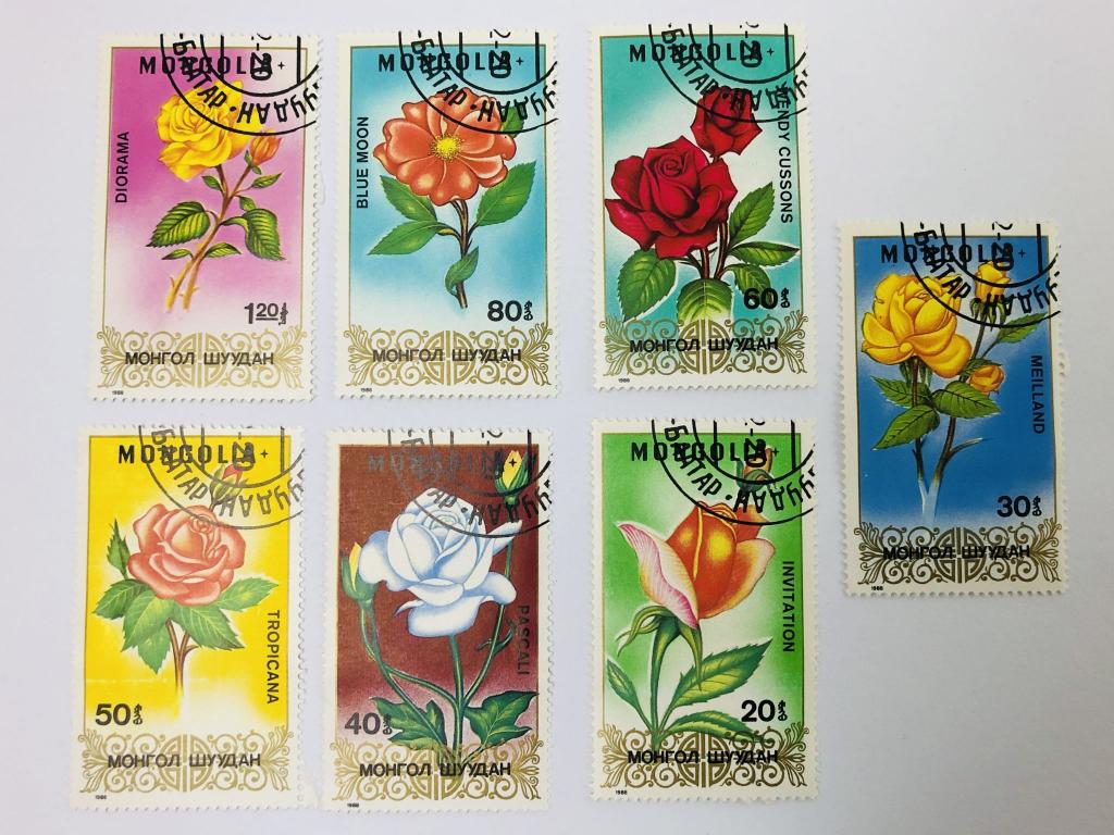 Цветы. Розы. Полная серия. Флора. Монголия. 1988. Михель: MN 1948-1954. Гашен