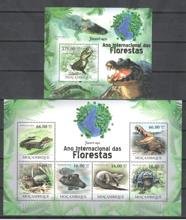 Мозамбик  2011г.  Крокодил, блок + лист  . MNH.