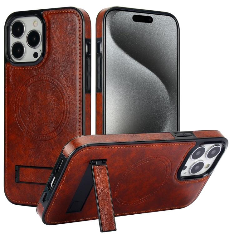 Кожаный чехол для iPhone 15 Pro Max с MagSafe и подставкой (Brown)