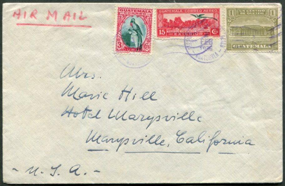 Гватемала 1936 авиапочта птица Кетцаль + почтовый налог конверт ⇒ США