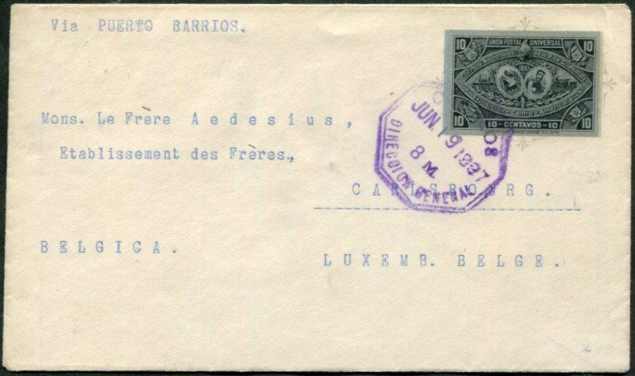 Гватемала 1897 маркированный конверт 10 с. выставка БРАК ПЕЧАТИ СМЕЩЕНИЕ (см. описание) ⇒ Бельгия