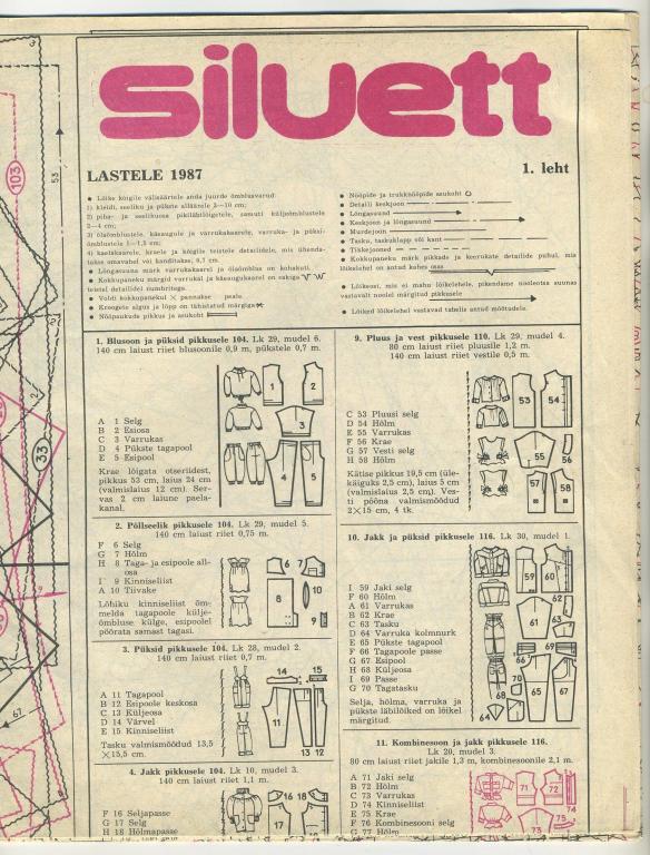 Лист выкроек журнал Siluett - №1-2 1987 год (Вык-19)