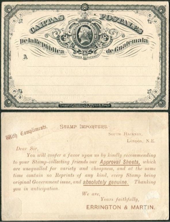 Гватемала 1875 маркированная почтовая карточка ¼ р. с рекламной допечаткой британского фил. торговца