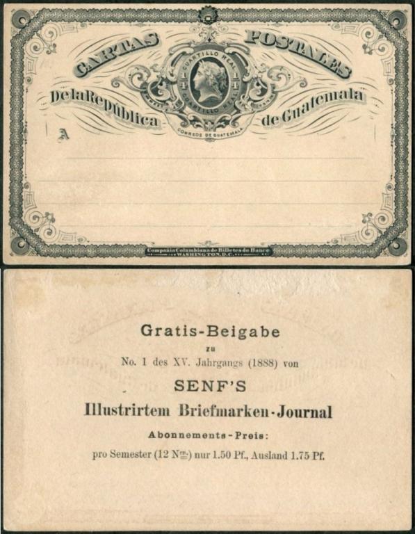 Гватемала 1875 маркированная почтовая карточка ¼ р. с рекламной допечаткой фил. журнала Братьев Зенф