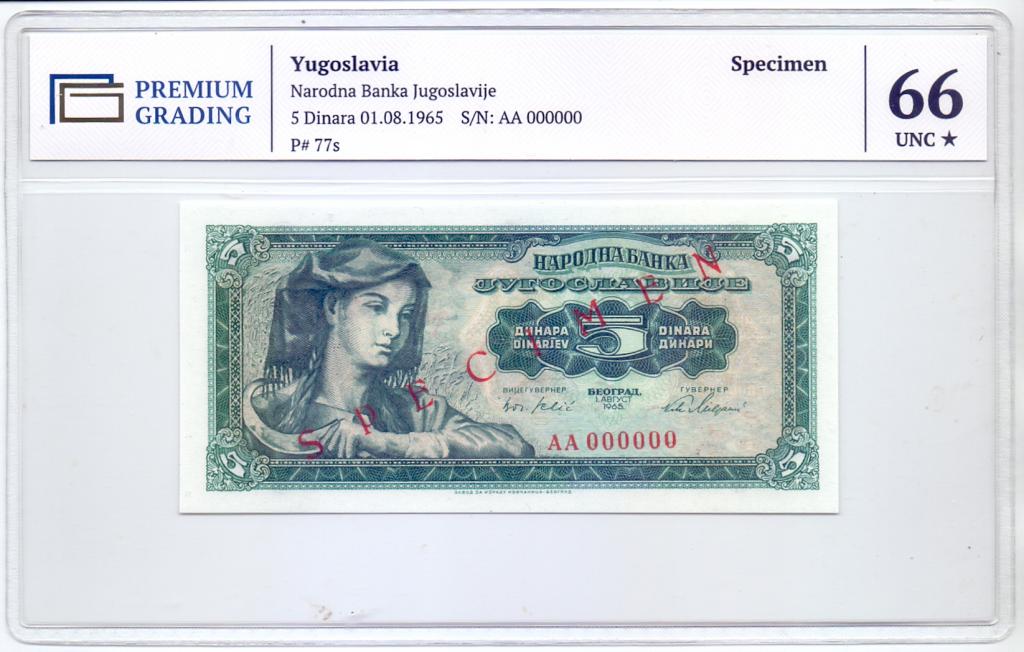 5 ДИНАР, 1965 ГОД, ЮГОСЛАВИЯ, В СЛАБЕ 66 ГРЕЙД, UNC