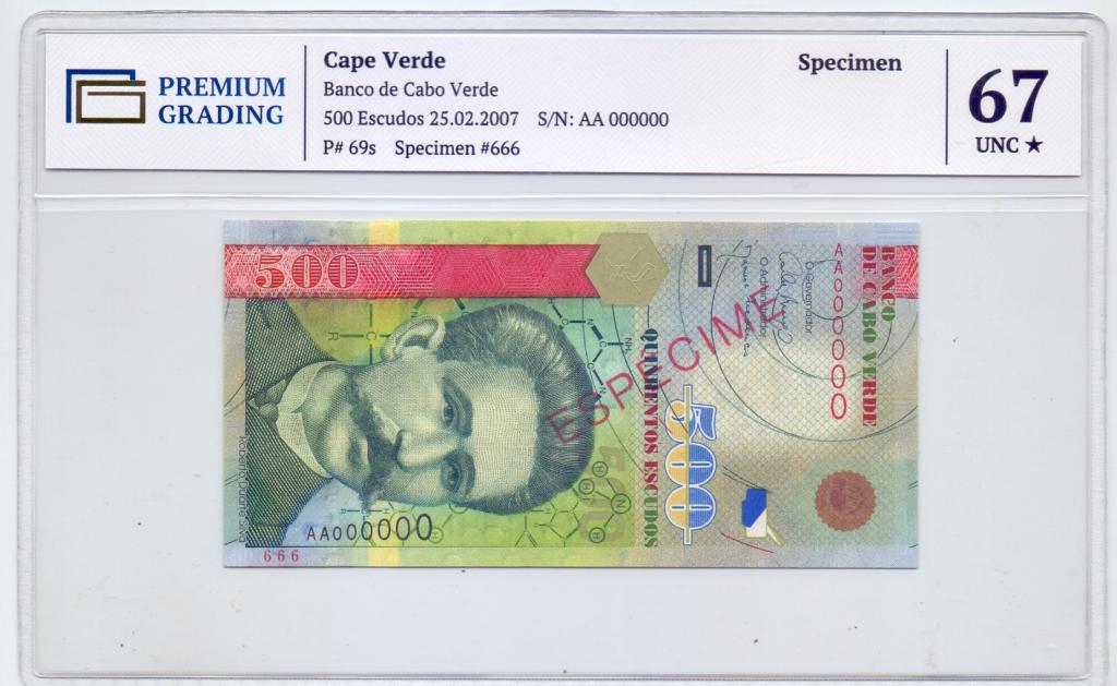 500 ЭСКУДО, 2007 ГОД, КАБО-ВЕРДЕ, ОБРАЗЕЦ, В СЛАБЕ 67 ГРЕЙД, UNC