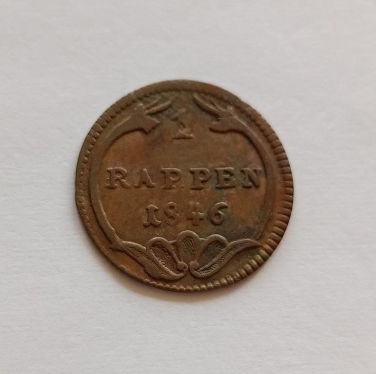 ШВЕЙЦАРИЯ 1 РАППЕН 1846 года. кантон ШВИЦ. МЕДЬ. ПАТИНА. РЕДКАЯ МОНЕТА!!! ОРИГИНАЛ.