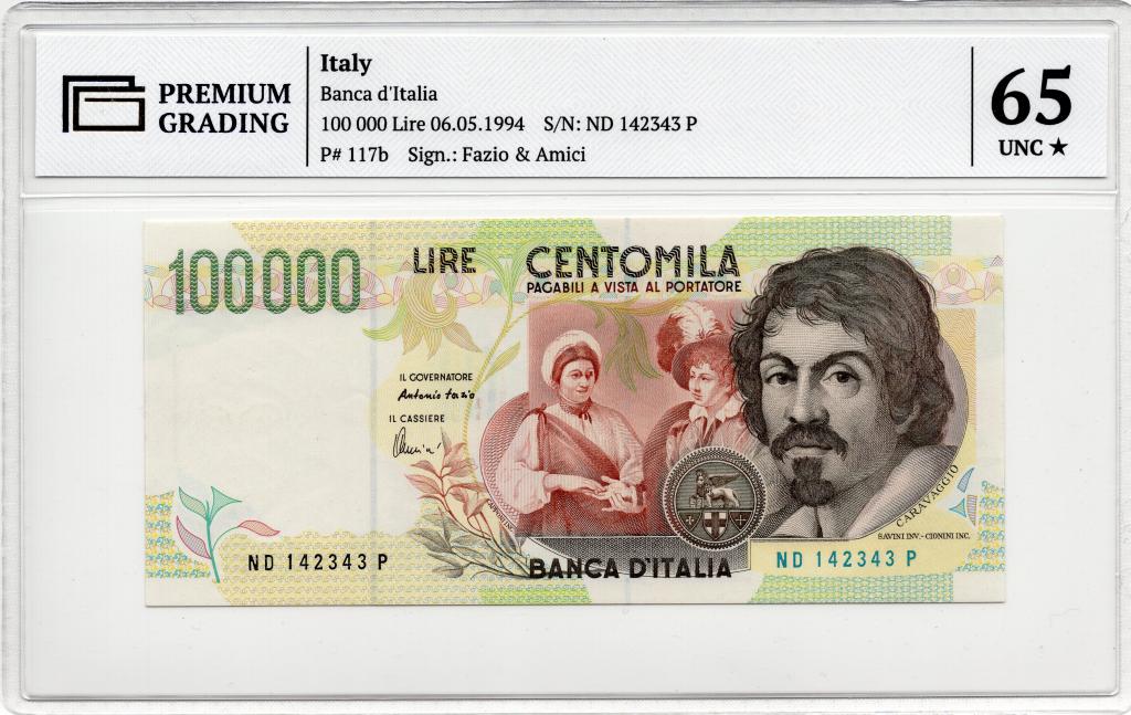 Италия 100000 Лир 1994 в слабе PG 65+ UNC