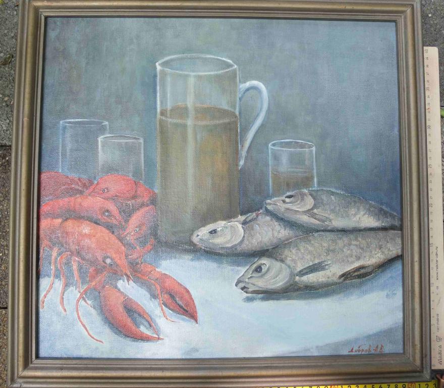 картина Пиво с рыбой и раками, холст масло,  Дибров