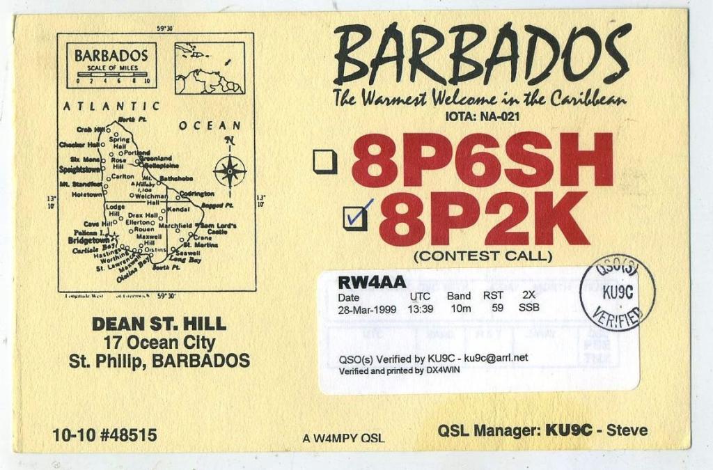 Карточка радиообмена QSL - Барбадос 1999 год  (РК-4)-9