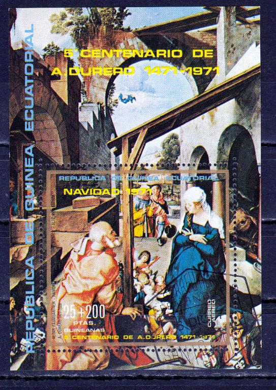 Марки Экваториальная Гвинея 1971 г. Рождество Блок Живопись Искусство Религия