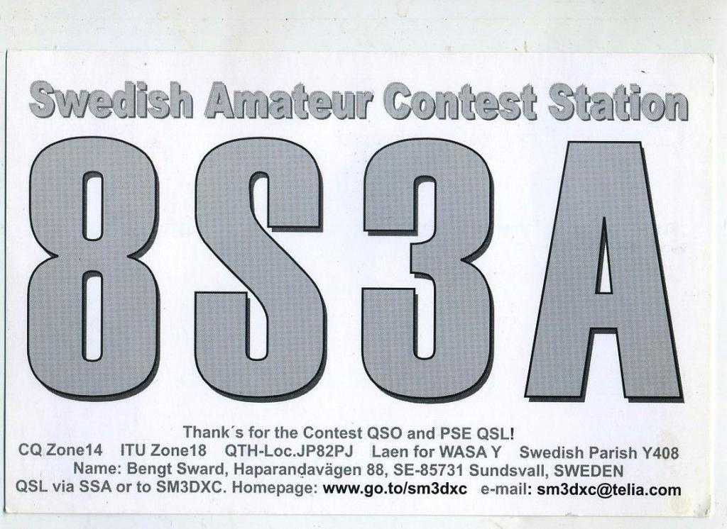 Карточка радиообмена QSL - Швеция, Сундваль 1999 год  (РК-9)-29
