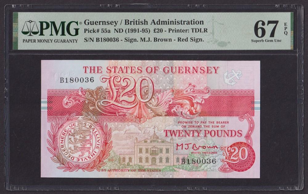 Гернси 1991-1995г 20 Фунтов UNC (Pick 55a) слаб PMG-67 EPQ