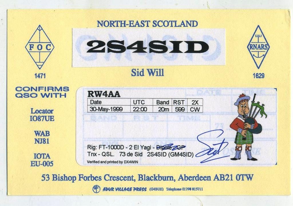 Карточка радиообмена QSL - Шотландия, Абердин 1999 год  (РК-10)-25