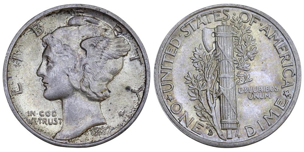 США 10 центов 1937-D ННР MS62 (0040)