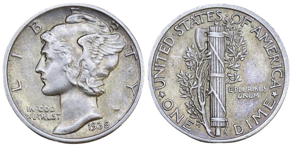 США 10 центов 1935 ННР AU58 (0037)