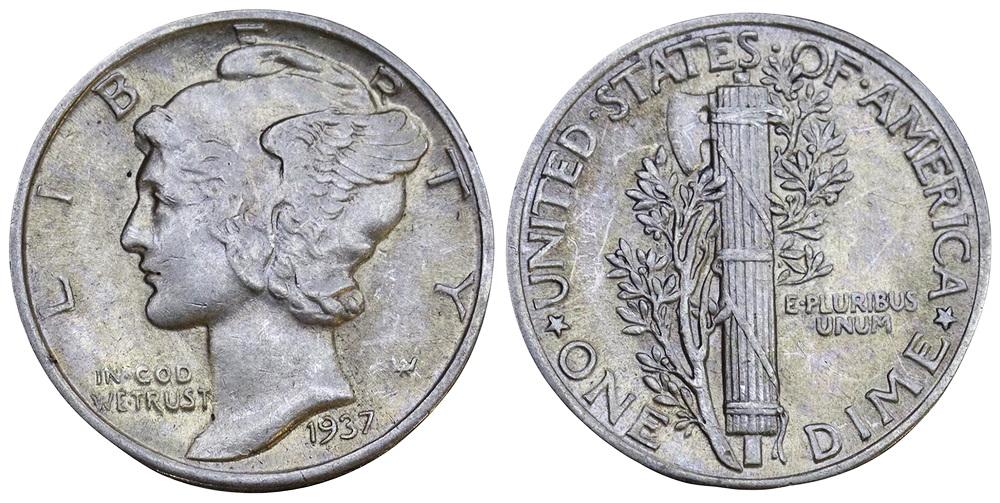 США 10 центов 1937 ННР AU55 (0039)