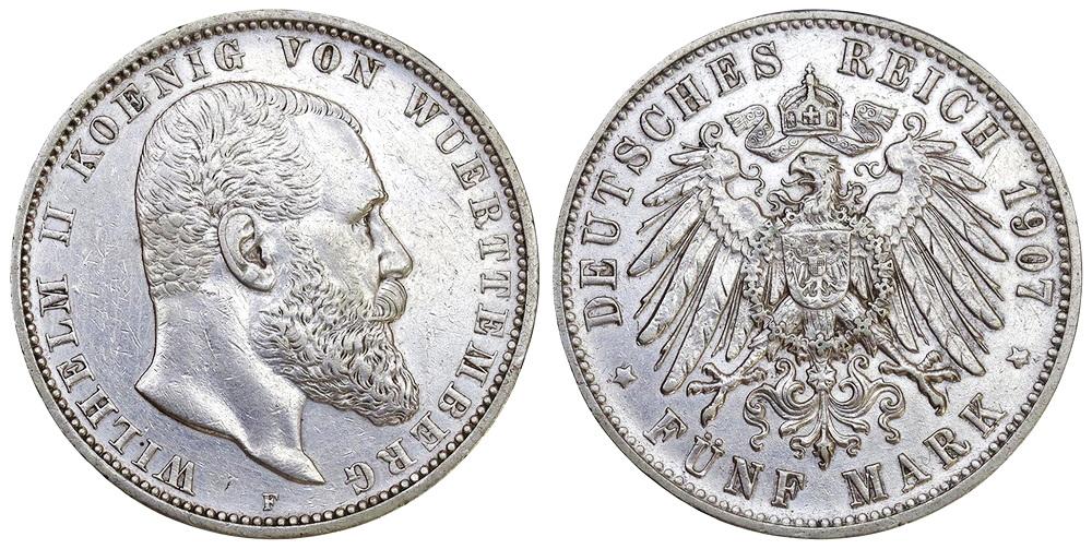 ВЮРТЕМБЕРГ 5 марок 1907F Вильгельм II ННР XF Det. (0012)