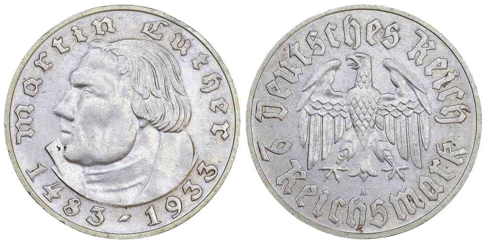 ГЕРМАНИЯ 2 марки 1933A Мартин Лютер. ННР AU58 (QF4366-0128)
