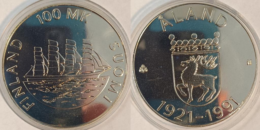 100 марок 1991 Финляндия 70 лет автономии Аландских островов UNC