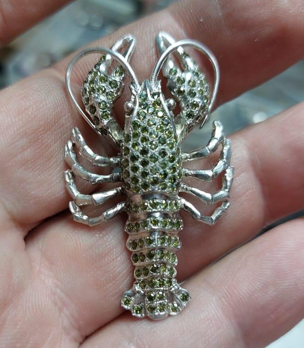 серебряная брошь Рак, серебро 925 проба, фианиты, авторская ручная работа
