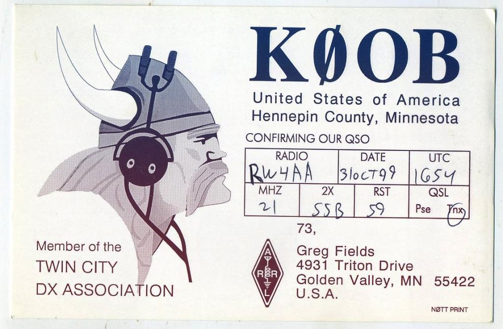 Карточка радиообмена QSL - США, Округ Хеннепин, Миннесота 2000 год (РК-14)-10