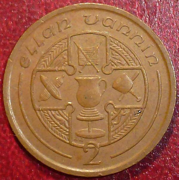 Мэн 2 пенса 1991 года. AA - левее.