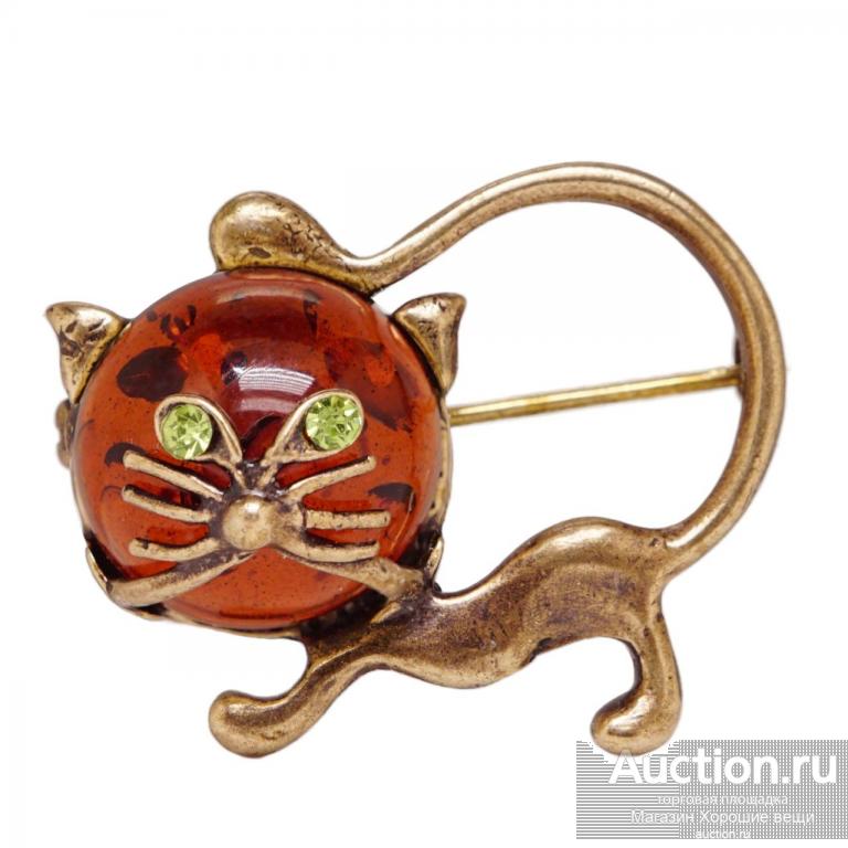 Брошь Котёнок янтарь бронза стразы брошка кот кошка котенок 1287 Хорошие Вещи