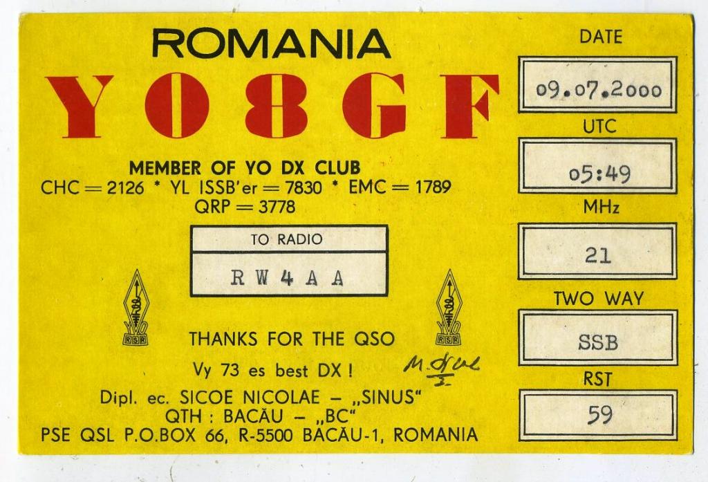 Карточка радиообмена QSL - Румыния, Бакэу 1999 год (РК-17)-44