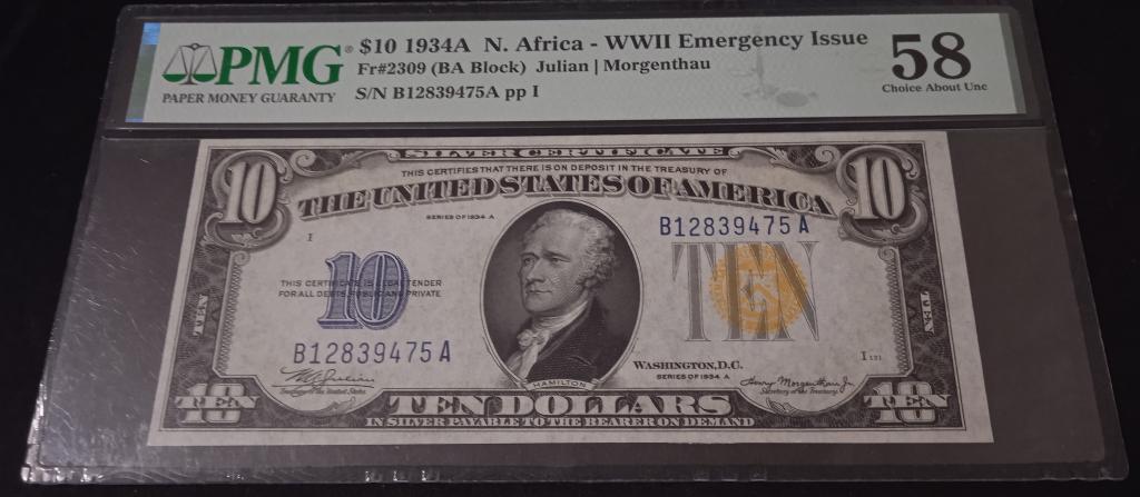 Банкнота 10 долларов США 1934 года серии А North Africa PMG 58