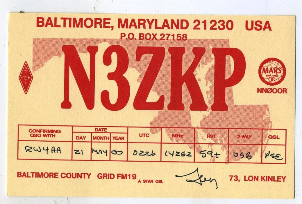 Карточка радиообмена QSL - США, Мериленд, Балтимор 2000 год (РК-19)-26