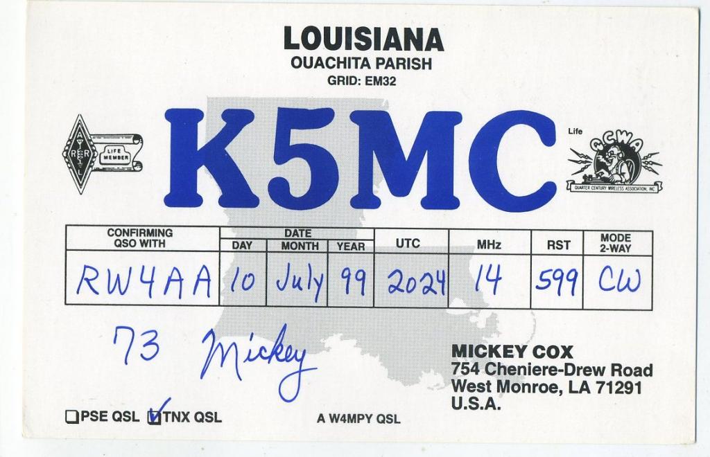 Карточка радиообмена QSL - США, Луизиана, Уэст Монро 1999 год (РК-19)-36