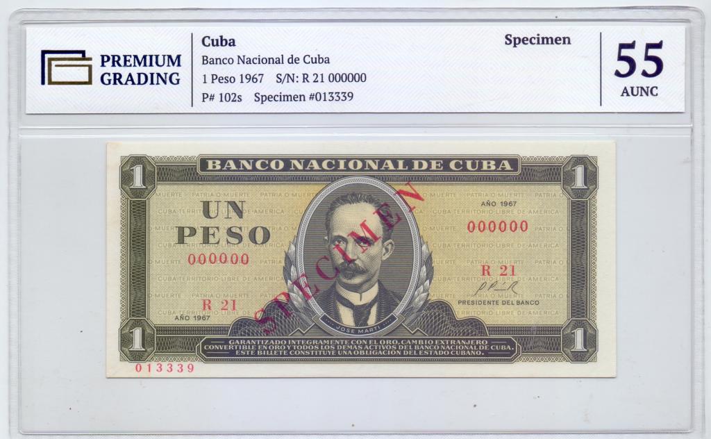 1 ПЕСО 1967 ГОД, КУБА, ОБРАЗЕЦ, В СЛАБЕ 55 ГРЕЙД, UNC, РЕДКОСТЬ.