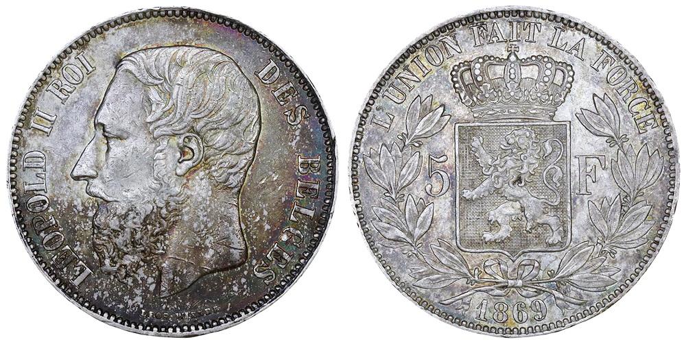 БЕЛЬГИЯ 5 франков 1869 Король Леопольд II. ННР AU55 (UF4269-0107)