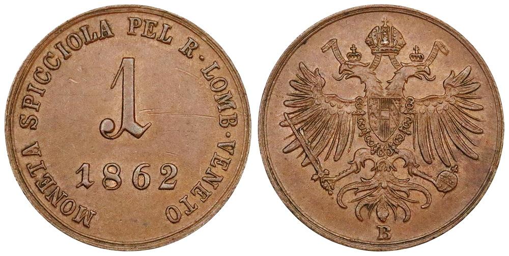 ИТАЛИЯ Ломбардия и Венеция 1 сольдо 1862B Франц Иосиф I ННР UNC Det.