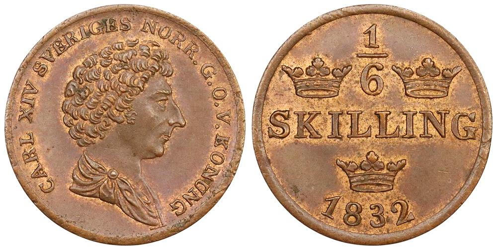 ШВЕЦИЯ 1/6 скиллинга 1832 Карл XIV ННР MS63RB