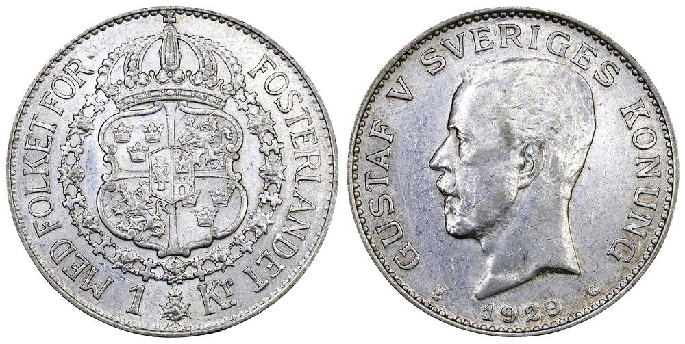 ШВЕЦИЯ 1 крона 1929G Густав V ННР AU55