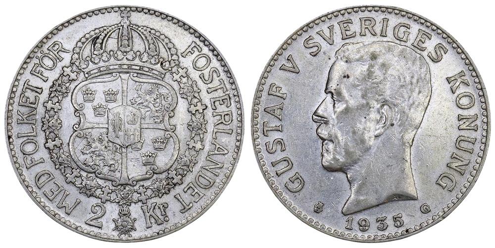 ШВЕЦИЯ 2 кроны 1935G Густав V ННР AU55