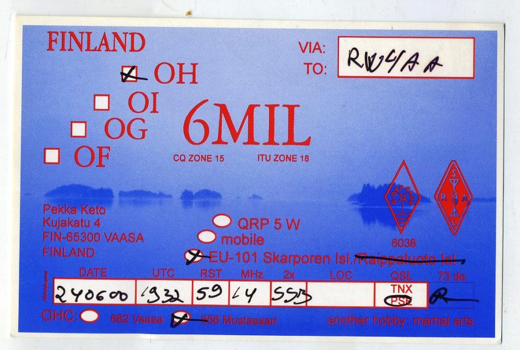 Карточка радиообмена QSL - Финляндия, Вааса 2000 год (РК-20)-24