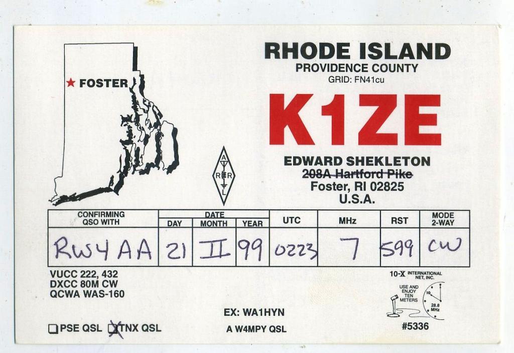 Карточка радиообмена QSL - США, Род-Айлендс, Фостер-Сити 1999 год (РК-21)-21