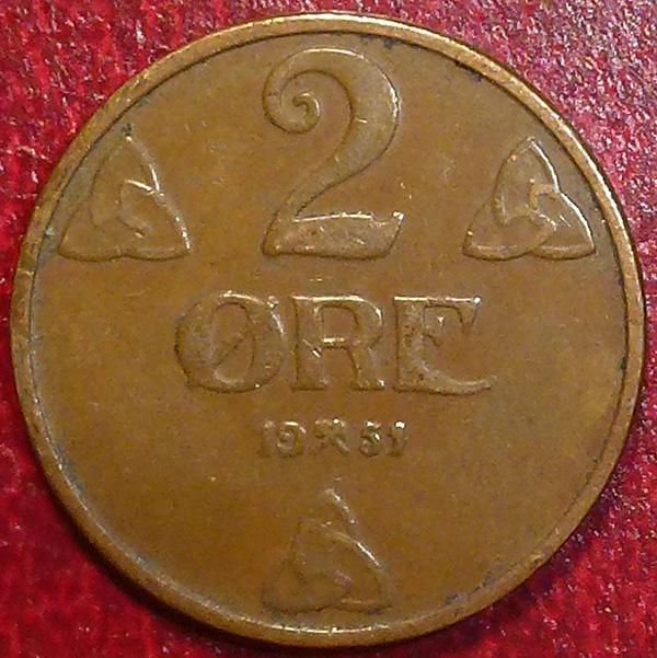Норвегия 2 эре 1951 года.