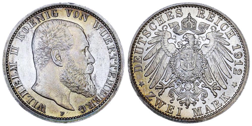 ВЮРТЕМБЕРГ 2 марки 1912F Вильгельм II ННР UNC Det. (0041)